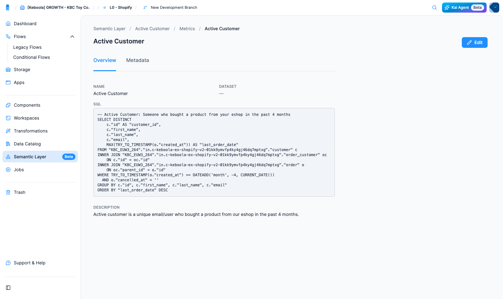 A metric opened read-only in the UI, with its SQL expression, description, and an Edit button