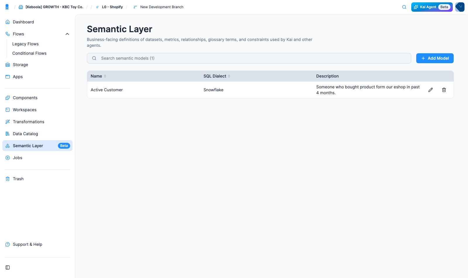 The Semantic Layer section in the Keboola UI, listing the project's semantic models